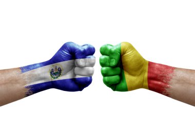 Two hands punch to each others on white background. Country flags painted fists, conflict crisis concept between el salvador and mali