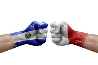 Two hands punch to each others on white background. Country flags painted fists, conflict crisis concept between el salvador and malta