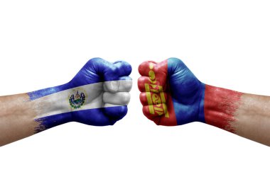 Two hands punch to each others on white background. Country flags painted fists, conflict crisis concept between el salvador and mongolia