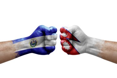 Two hands punch to each others on white background. Country flags painted fists, conflict crisis concept between el salvador and nepal