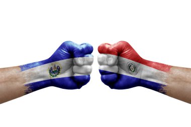 Two hands punch to each others on white background. Country flags painted fists, conflict crisis concept between el salvador and paraguay