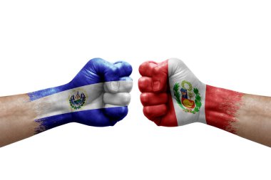 Two hands punch to each others on white background. Country flags painted fists, conflict crisis concept between el salvador and peru
