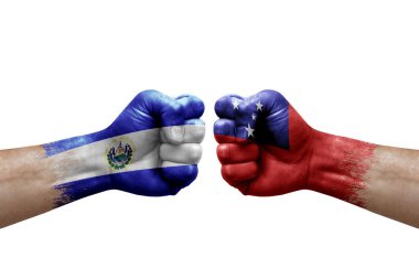 Two hands punch to each others on white background. Country flags painted fists, conflict crisis concept between el salvador and samoa