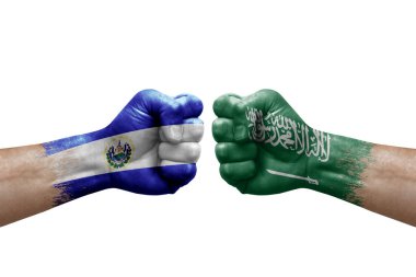 Two hands punch to each others on white background. Country flags painted fists, conflict crisis concept between el salvador and saudi arabia