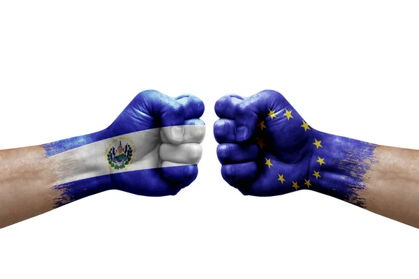 Two Hands Punch Each Others White Background Country Flags Painted — Foto de Stock