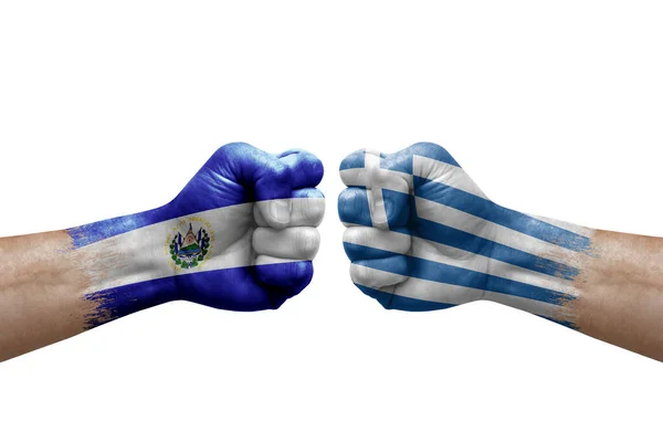 Two Hands Punch Each Others White Background Country Flags Painted — Stock Photo, Image