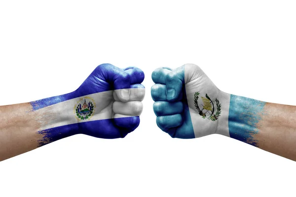 Two Hands Punch Each Others White Background Country Flags Painted — Stockfoto