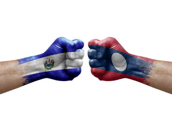 Two Hands Punch Each Others White Background Country Flags Painted — Stockfoto