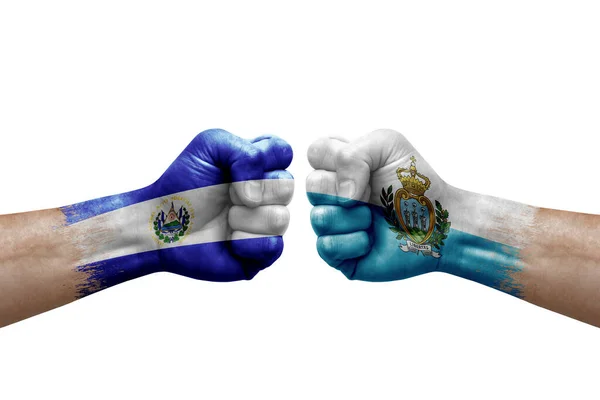 Two Hands Punch Each Others White Background Country Flags Painted — Stockfoto