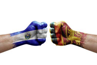 Two hands punch to each others on white background. Country flags painted fists, conflict crisis concept between el salvador and sri lanka
