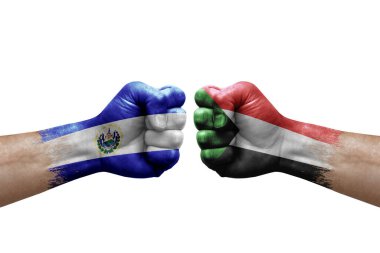 Two hands punch to each others on white background. Country flags painted fists, conflict crisis concept between el salvador and sudan