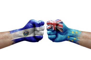Two hands punch to each others on white background. Country flags painted fists, conflict crisis concept between el salvador and tuvalu