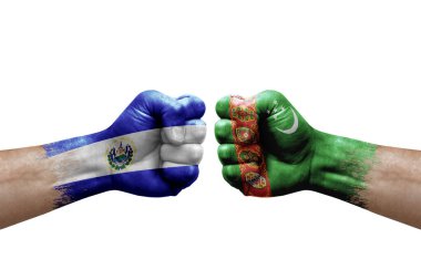 Two hands punch to each others on white background. Country flags painted fists, conflict crisis concept between el salvador and turkmenistan