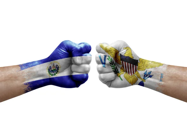 Two Hands Punch Each Others White Background Country Flags Painted — Stockfoto