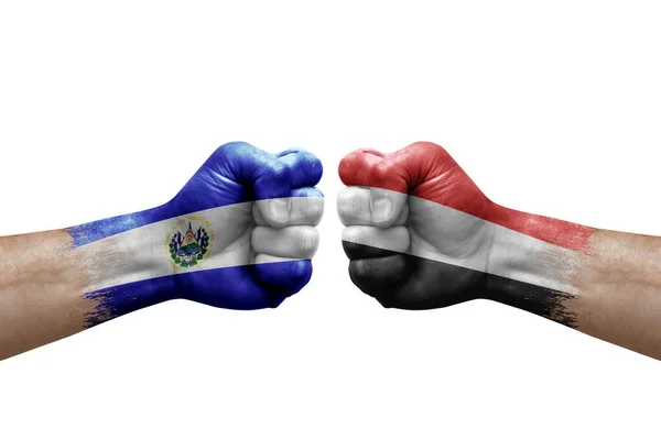 Two Hands Punch Each Others White Background Country Flags Painted — Stockfoto