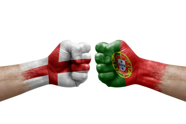 Two Hands Punch Each Others White Background Country Flags Painted — Foto de Stock