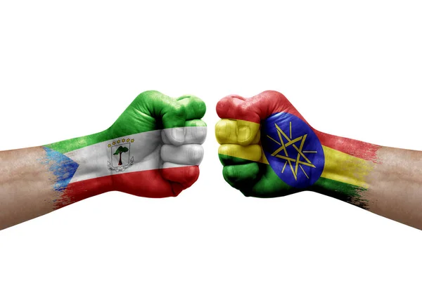 Two Hands Punch Each Others White Background Country Flags Painted — Foto de Stock