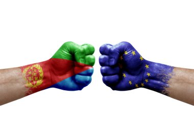 Two hands punch to each others on white background. Country flags painted fists, conflict crisis concept between eritrea and european union