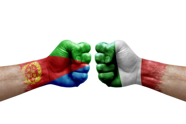 Two Hands Punch Each Others White Background Country Flags Painted — Stockfoto