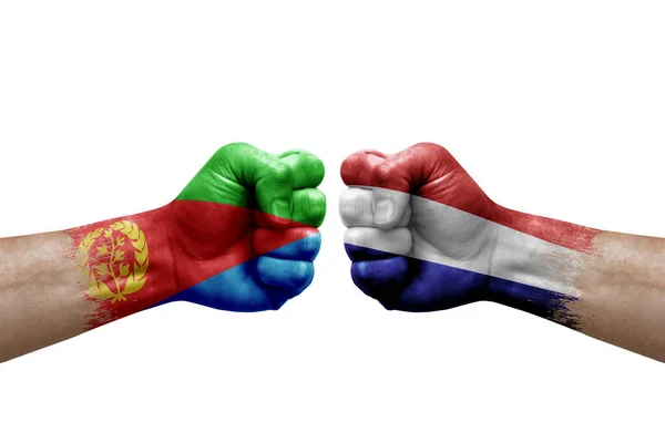 Two Hands Punch Each Others White Background Country Flags Painted — Foto de Stock