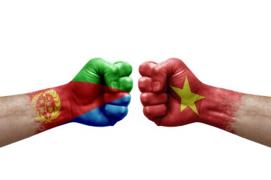Two hands punch to each others on white background. Country flags painted fists, conflict crisis concept between eritrea and vietnam