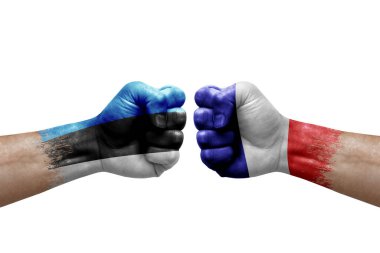 Two hands punch to each others on white background. Country flags painted fists, conflict crisis concept between estonia and france
