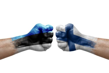 Two hands punch to each others on white background. Country flags painted fists, conflict crisis concept between estonia and finland