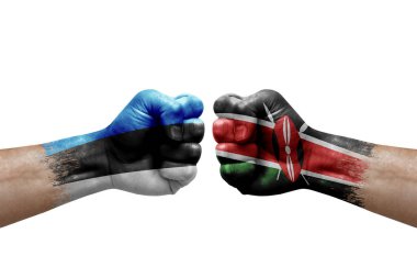 Two hands punch to each others on white background. Country flags painted fists, conflict crisis concept between estonia and kenya