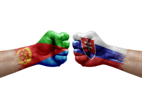 Two Hands Punch Each Others White Background Country Flags Painted — Fotografie, imagine de stoc