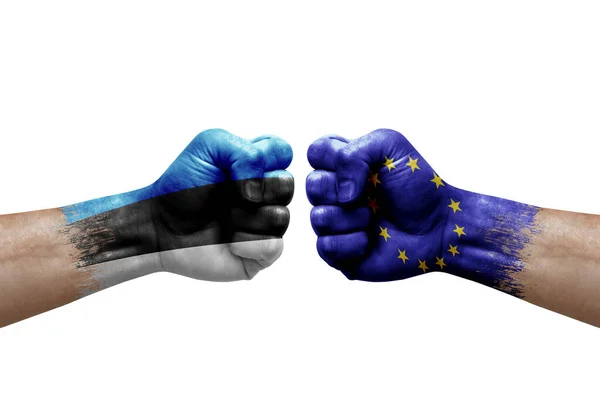 stock image Two hands punch to each others on white background. Country flags painted fists, conflict crisis concept between estonia and european union