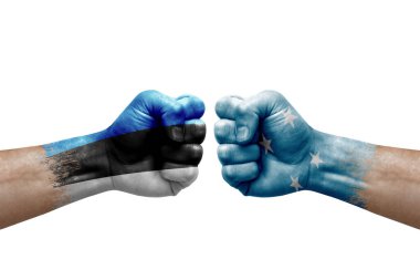 Two hands punch to each others on white background. Country flags painted fists, conflict crisis concept between estonia and micronesia