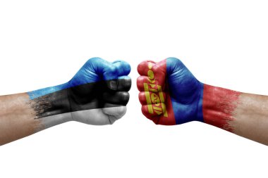 Two hands punch to each others on white background. Country flags painted fists, conflict crisis concept between estonia and mongolia