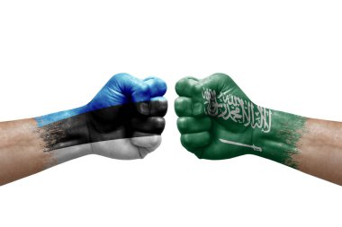 Two hands punch to each others on white background. Country flags painted fists, conflict crisis concept between estonia and saudi arabia