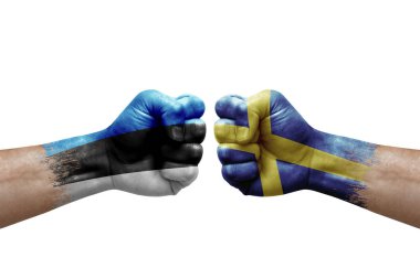 Two hands punch to each others on white background. Country flags painted fists, conflict crisis concept between estonia and sweden