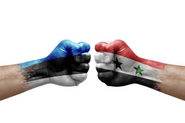 Two hands punch to each others on white background. Country flags painted fists, conflict crisis concept between estonia and syria