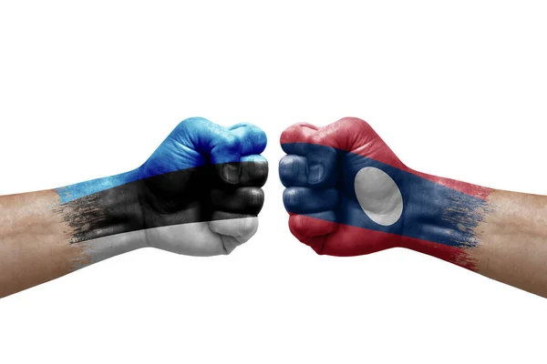 Two Hands Punch Each Others White Background Country Flags Painted — Foto Stock