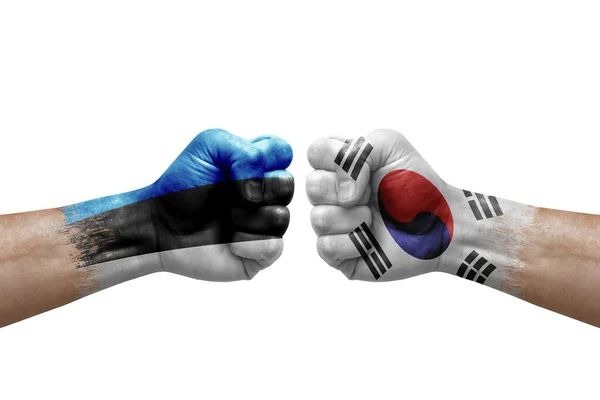 Two Hands Punch Each Others White Background Country Flags Painted — 스톡 사진