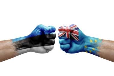 Two hands punch to each others on white background. Country flags painted fists, conflict crisis concept between estonia and tuvalu