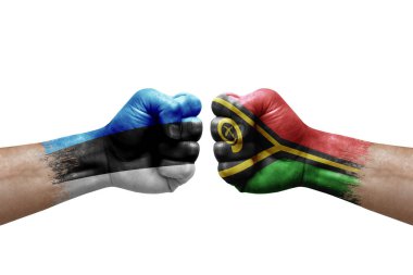 Two hands punch to each others on white background. Country flags painted fists, conflict crisis concept between estonia and vanuatu