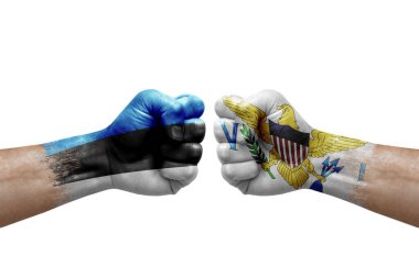 Two hands punch to each others on white background. Country flags painted fists, conflict crisis concept between estonia and virgin islands