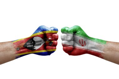 Two hands punch to each others on white background. Country flags painted fists, conflict crisis concept between eswatini and iran