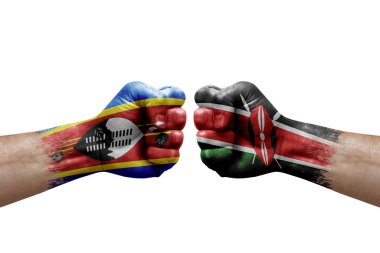 Two hands punch to each others on white background. Country flags painted fists, conflict crisis concept between eswatini and kenya