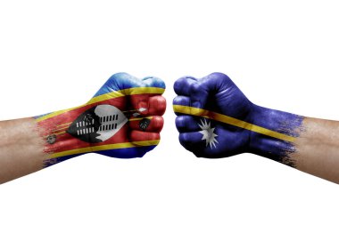 Two hands punch to each others on white background. Country flags painted fists, conflict crisis concept between eswatini and nauru