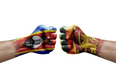 Two hands punch to each others on white background. Country flags painted fists, conflict crisis concept between eswatini and sri lanka