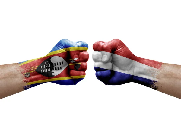 Two Hands Punch Each Others White Background Country Flags Painted — Fotografia de Stock