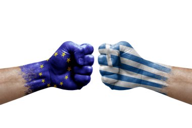 Two hands punch to each others on white background. Country flags painted fists, conflict crisis concept between european union and greece