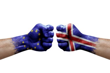 Two hands punch to each others on white background. Country flags painted fists, conflict crisis concept between european union and iceland