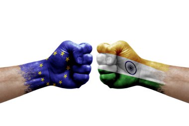 Two hands punch to each others on white background. Country flags painted fists, conflict crisis concept between european union and india