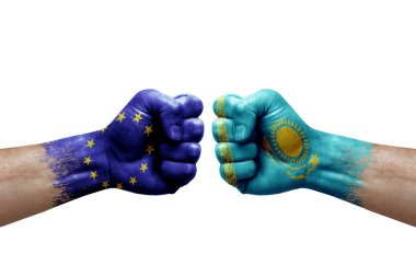 Two hands punch to each others on white background. Country flags painted fists, conflict crisis concept between european union and kazakhstan