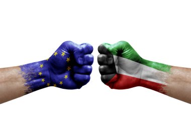 Two hands punch to each others on white background. Country flags painted fists, conflict crisis concept between european union and kuwait